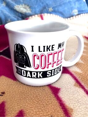 I Like My Coffee On The Dark Side Mug - White with Black & Red Print